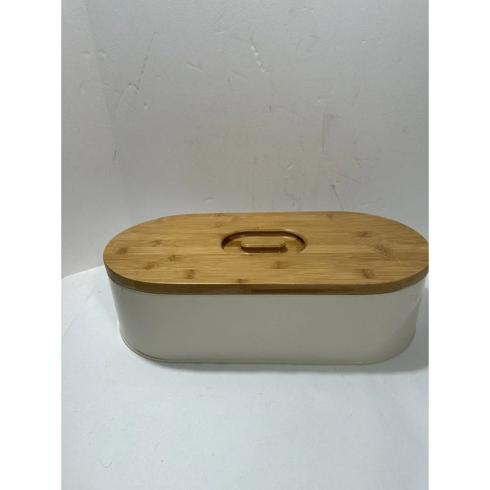 SveBake Bread Box Metal With Bamboo Top Cutting Board Lid Beautiful 